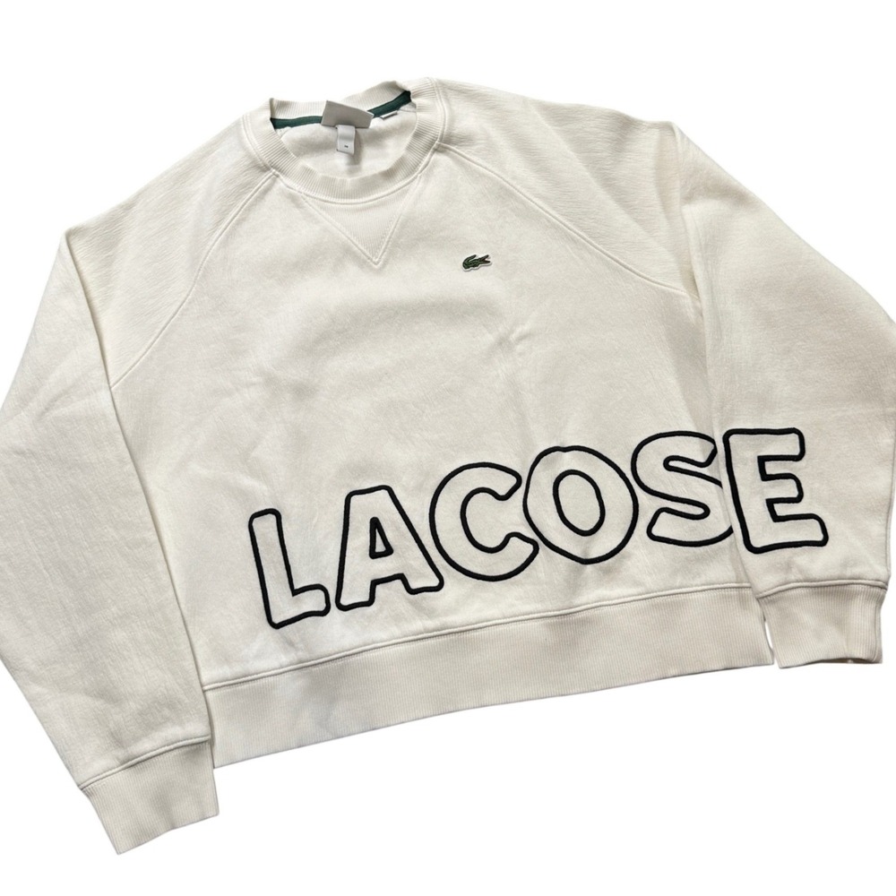 Lacoste Live Sweatshirt Women's 38 White Spell Out Logo Crewneck Boxy Pullover